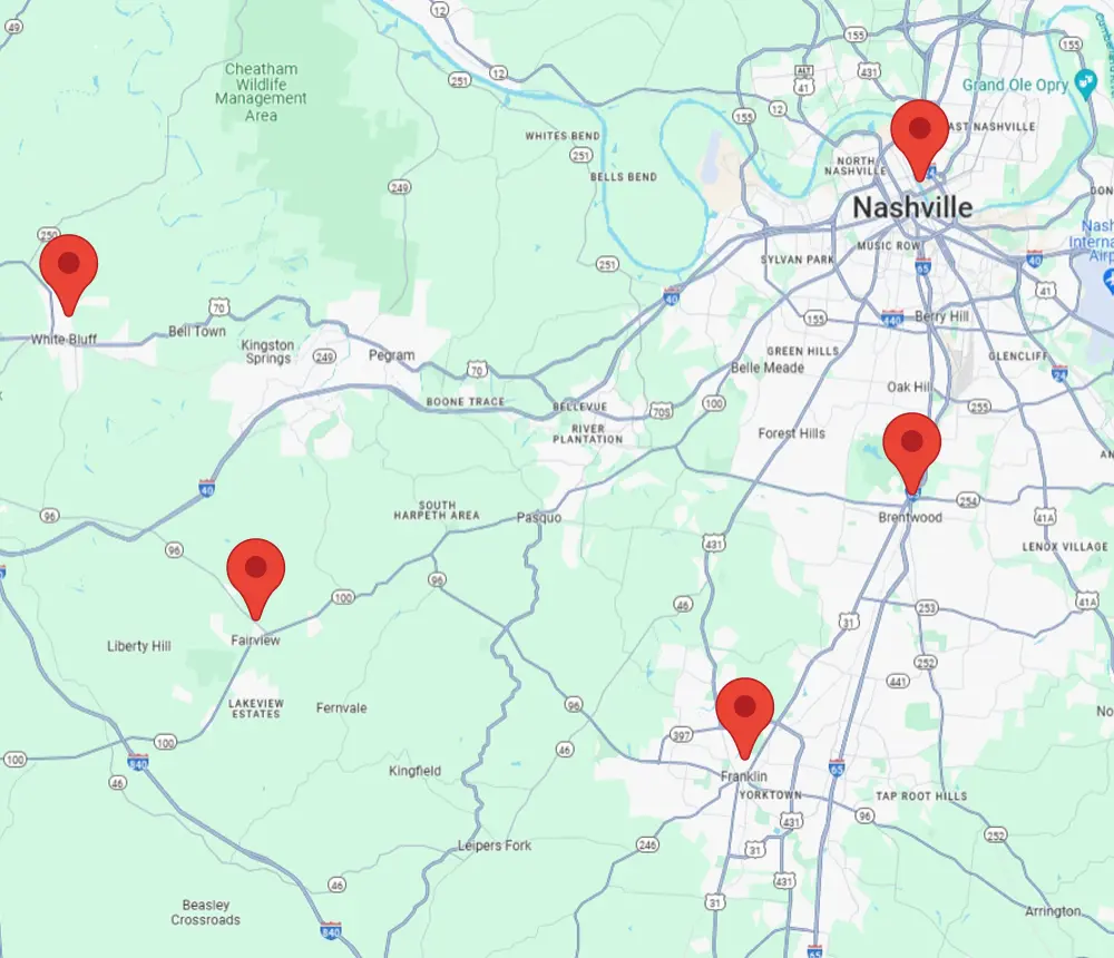 a map with location pins on top of Nashville, Brentwood, and White Bluff. Franklin, Fairview