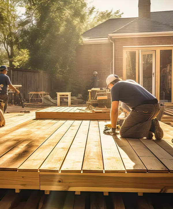 worker painting on a wooden deck construction