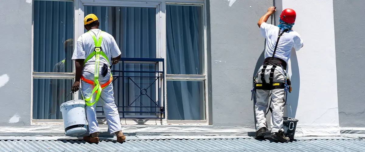 Professional painters in safety gear painting a commercial building exterior using harnesses and ladders for high-rise maintenance.